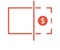 Red icon showing a rectangular shape split by a vertical line; on the right side is a red circle with a white dollar sign, surrounded by dashed lines forming a second rectangle, symbolizing financial transactions or payments.