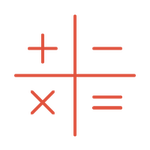 Grid of four red mathematical symbols: plus sign in the top left, minus sign in the top right, multiplication sign in the bottom left, and equal sign in the bottom right.