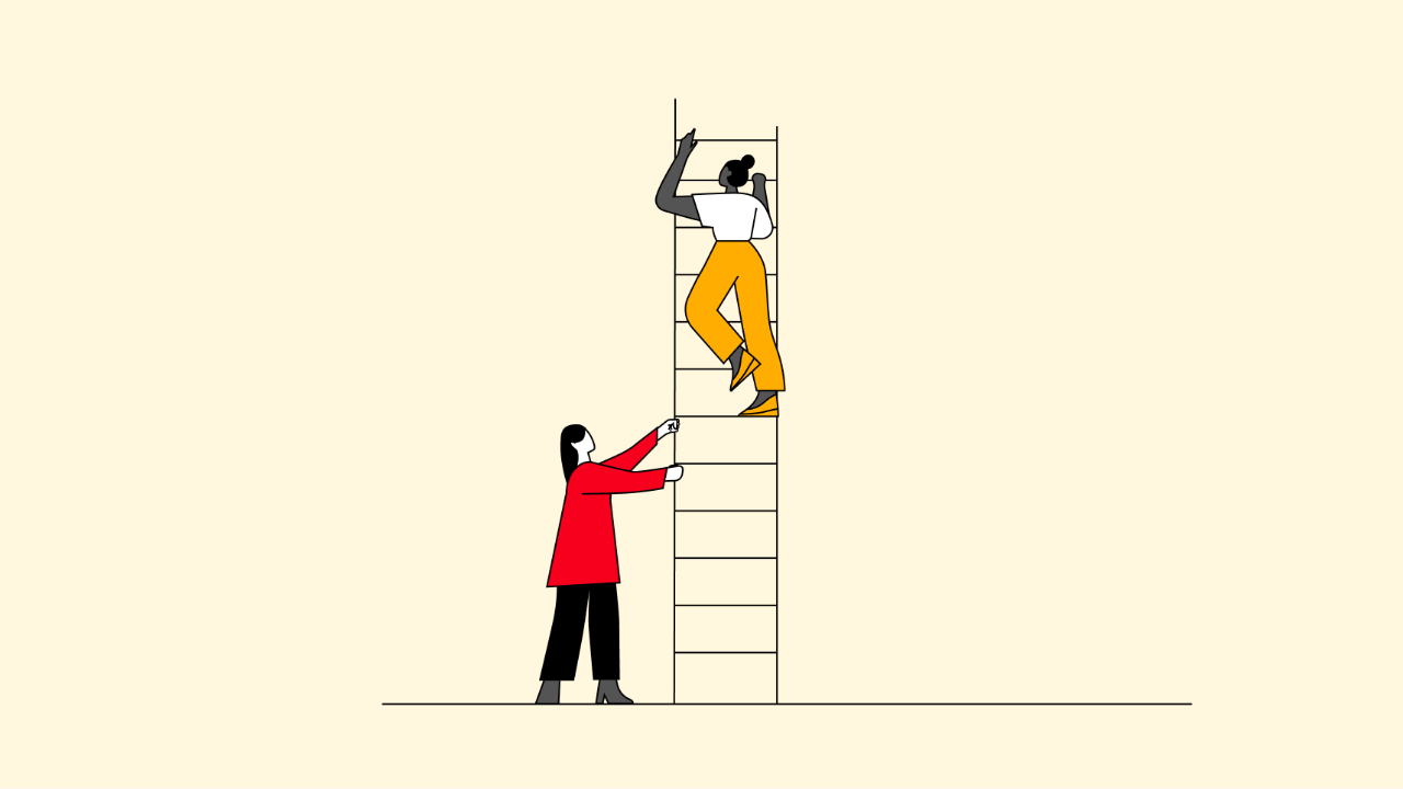 An illustration depicts the back of a person climbing a ladder. Another person is standing at the bottom of the ladder, holding it from the side. The illustration style is minimalistic with pops of yellow and red.