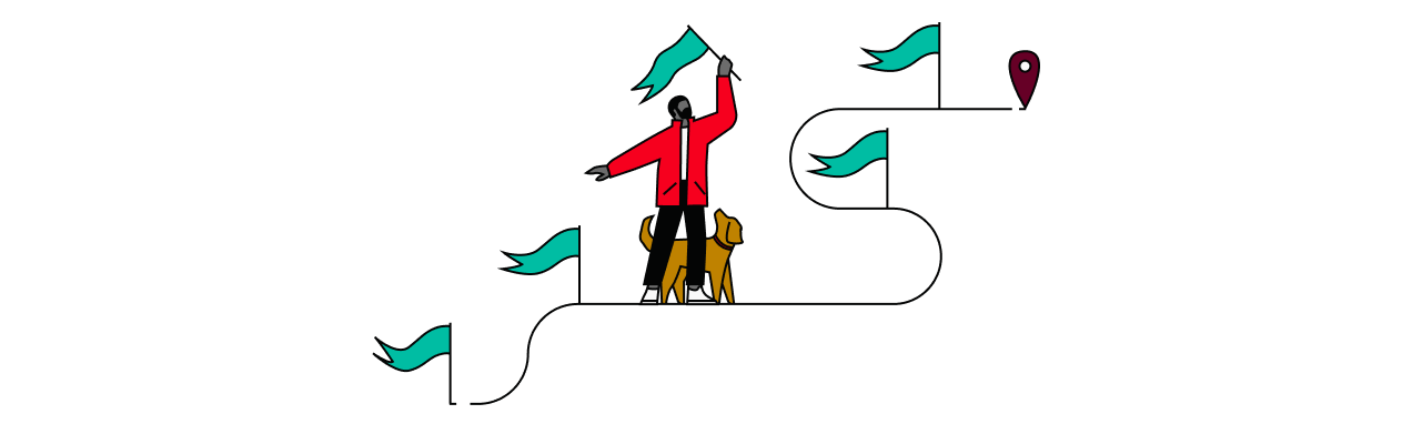 A man in a red jacket and a dog are walking along a winding path. They are holding flags and have already passed several. The path ends in a purple star. This illustration depicts success and achievement.