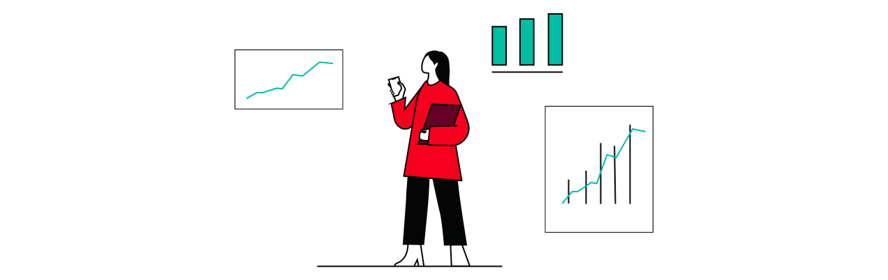 A woman in a red jacket looks at a line graph. There is a bar charts above her and a line graph to her right. She appears to be looking at the line graph and holding a folder or tablet. The image represents the concept of a successful business.