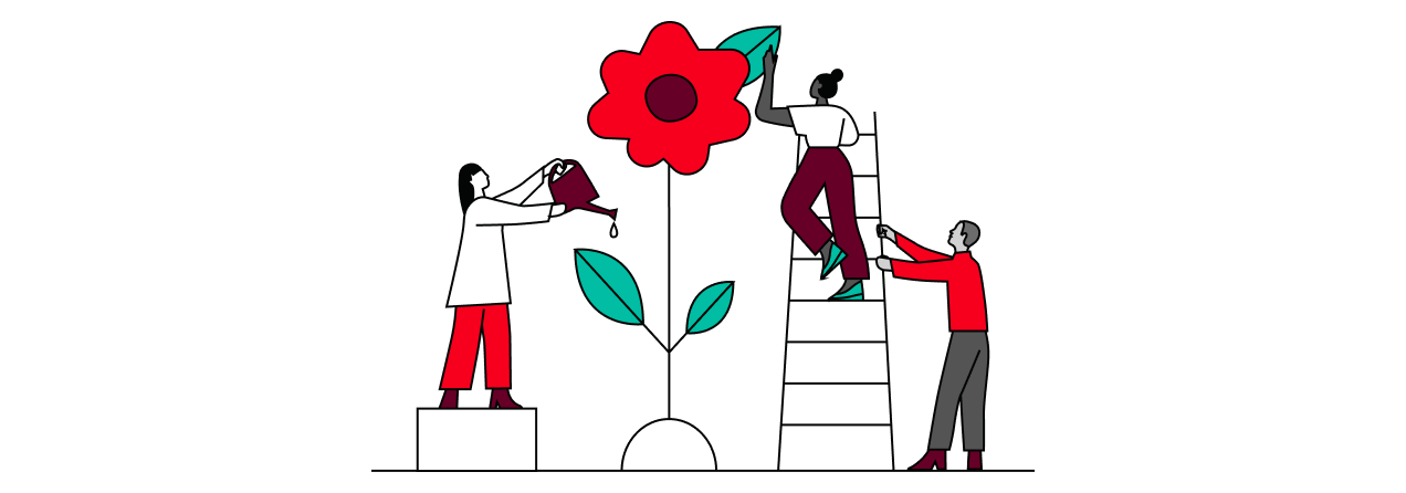 One person waters a plant, another works on it from a ladder, and a third assists. This suggests cooperation helps things grow.