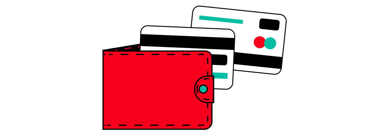 A red wallet with two credit cards sticking out of the top. The credit cards have black and white stripes on the front, with red and blue circles on the top card. This image represents the importance of keeping your credit cards secure.