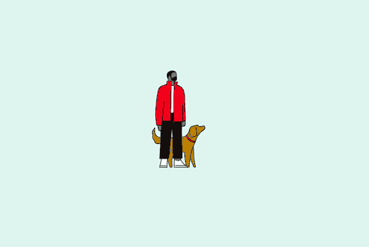 Animated GIF of young man is standing in front of his dog holding a checkpoint flag in route to his destination that's designated by a dropped pin.