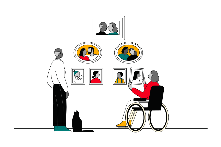 A graphic shows a man and woman looking at family pictures hanging on a wall.