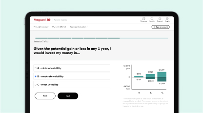 A mobile screen showing part of the Vanguard investor questionnaire.