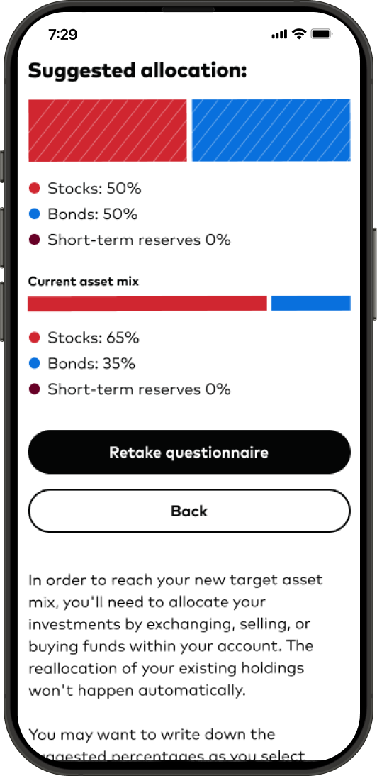 A smartphone displaying a part of the investor questionnaire on its screen.