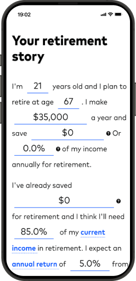 A smartphone displaying a part of the retirement income calculator on its screen.