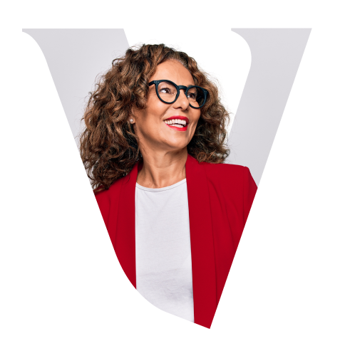 Woman wearing a red jacket framed by the Vanguard V.